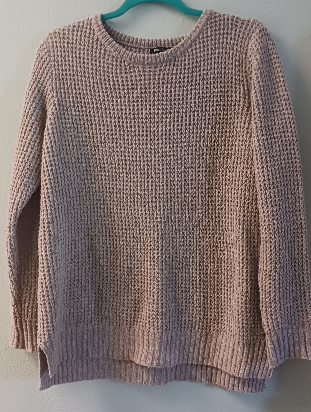 Pink Clover Crewneck  Waffle Knit Sweater in Beige } Size M